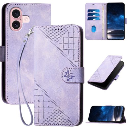 YX0080 For iPhone 16 Case Butterfly Imprint Leather Wallet Phone Cover - Light Purple