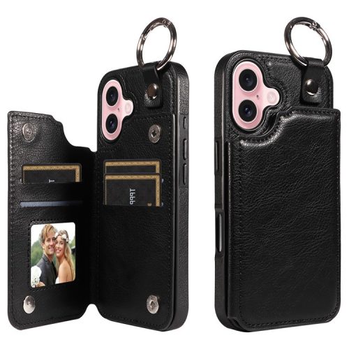 003 For iPhone 16 Case Card Slots Leather Phone Cover Double Magnetic Clasp, Ring Buckle - Black