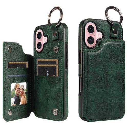 003 For iPhone 16 Case Card Slots Leather Phone Cover Double Magnetic Clasp, Ring Buckle - Green