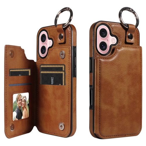 003 For iPhone 16 Case Card Slots Leather Phone Cover Double Magnetic Clasp, Ring Buckle - Brown