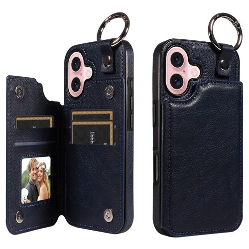 003 For iPhone 16 Case Card Slots Leather Phone Cover Double Magnetic Clasp, Ring Buckle - Sapphire