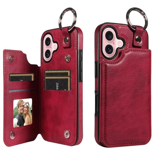 003 For iPhone 16 Case Card Slots Leather Phone Cover Double Magnetic Clasp, Ring Buckle - Rose