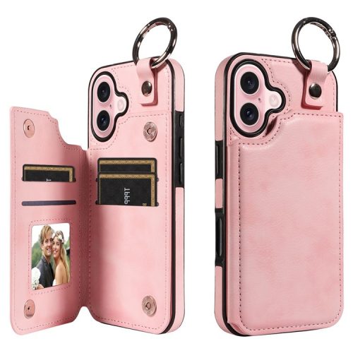 003 For iPhone 16 Case Card Slots Leather Phone Cover Double Magnetic Clasp, Ring Buckle - Pink