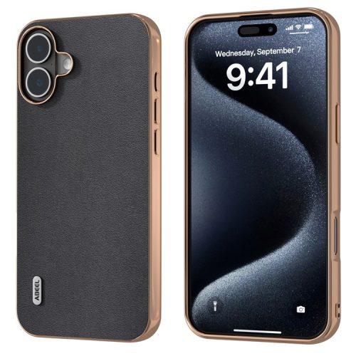 ABEEL For iPhone 16 Case Electroplating Edge Genuine Cow Leather+PC+TPU Phone Cover - Black