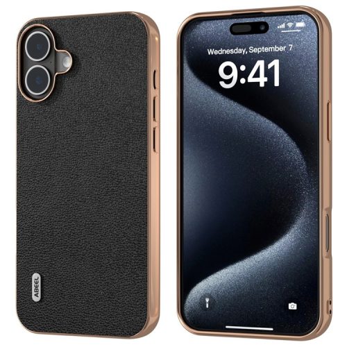 ABEEL For iPhone 16 Case Electroplating Edge Genuine Cow Leather Coated PC+TPU Phone Cover - Black