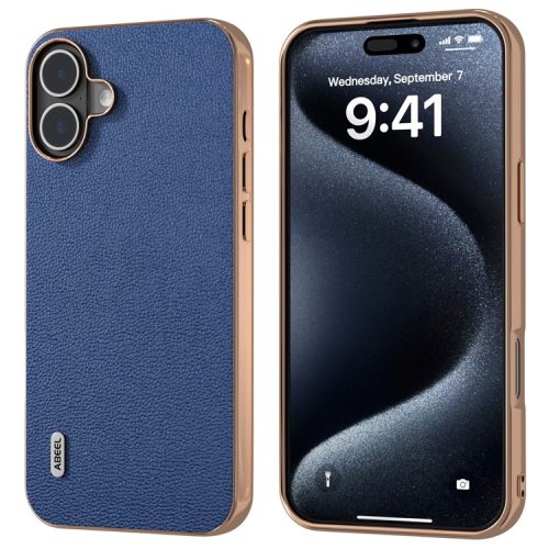 ABEEL For iPhone 16 Case Electroplating Edge Genuine Cow Leather Coated PC+TPU Phone Cover - Blue