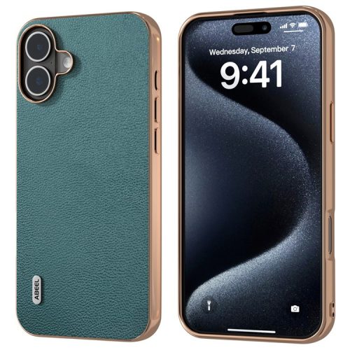 ABEEL For iPhone 16 Case Electroplating Edge Genuine Cow Leather Coated PC+TPU Phone Cover - Midnight Green