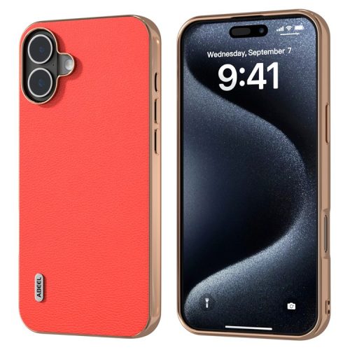 ABEEL For iPhone 16 Case Electroplating Edge Genuine Cow Leather Coated PC+TPU Phone Cover - Red