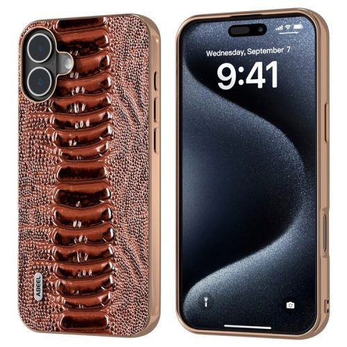 ABEEL For iPhone 16 Case Electroplating Edge Crocodile Texture Genuine Cow Leather+TPU+PC Phone Cover - Coffee