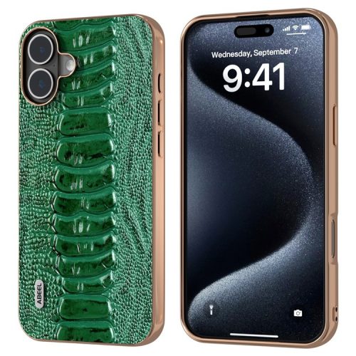 ABEEL For iPhone 16 Case Electroplating Edge Crocodile Texture Genuine Cow Leather+TPU+PC Phone Cover - Green