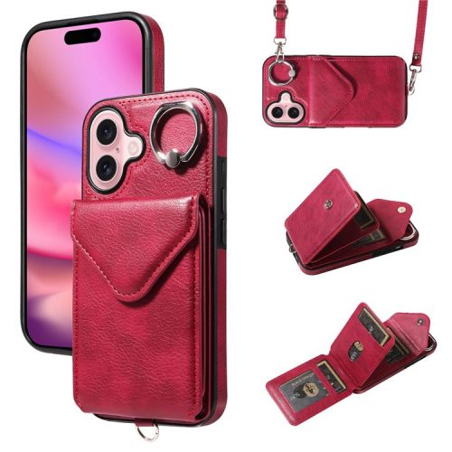 005 For iPhone 16 Case PU Leather Back Cover Card Holder Ring Kickstand - Wine Red