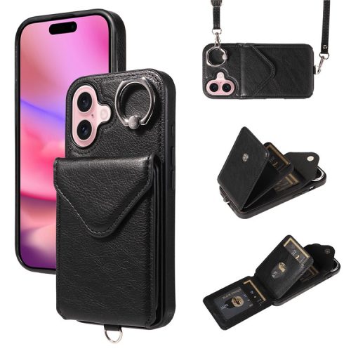 005 For iPhone 16 Case PU Leather Back Cover Card Holder Ring Kickstand - Black