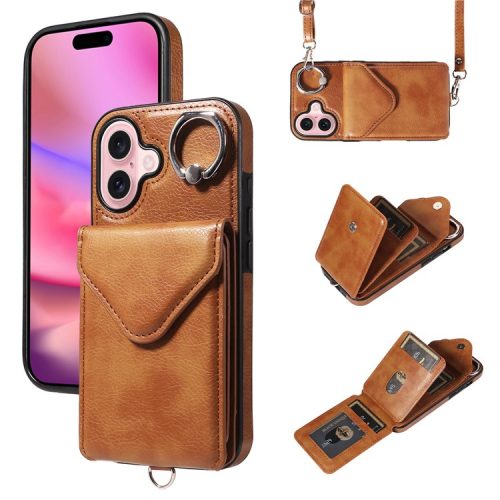 005 For iPhone 16 Case PU Leather Back Cover Card Holder Ring Kickstand - Brown