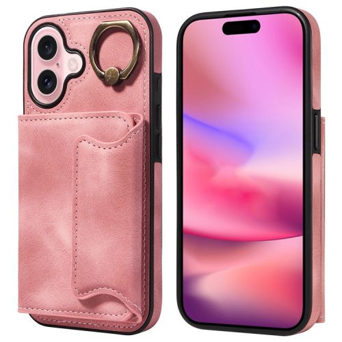 001 For iPhone 16 Case Secure-Grip Kickstand Leather + TPU Phone Cover - Pink