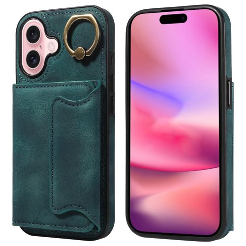 001 For iPhone 16 Case Secure-Grip Kickstand Leather + TPU Phone Cover - Green