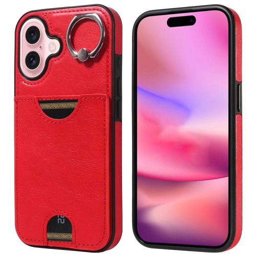 006 For iPhone 16 Case Anti-Drop Leather + TPU Phone Cover Card Slot Ring Kickstand - Red