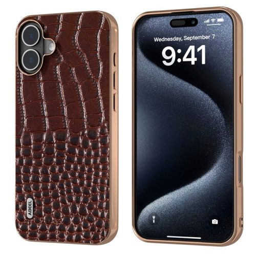 ABEEL For iPhone 16 Case Electroplating Edge Crocodile Texture Genuine Cow Leather Back Phone Cover - Coffee