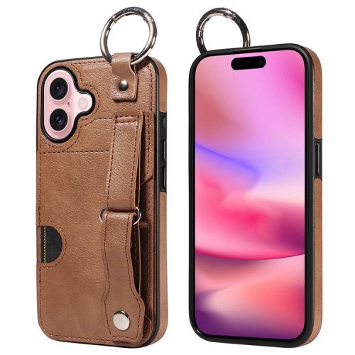 008 For iPhone 16 Case Wristband Kickstand PU Leather TPU Phone Cover - Brown