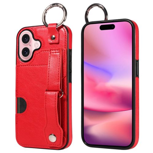 008 For iPhone 16 Case Wristband Kickstand PU Leather TPU Phone Cover - Red