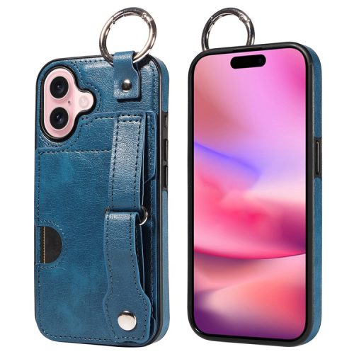 008 For iPhone 16 Case Wristband Kickstand PU Leather TPU Phone Cover - Blue