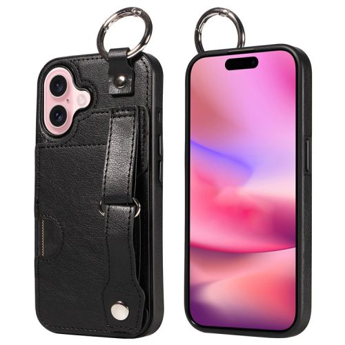 008 For iPhone 16 Case Wristband Kickstand PU Leather TPU Phone Cover - Black