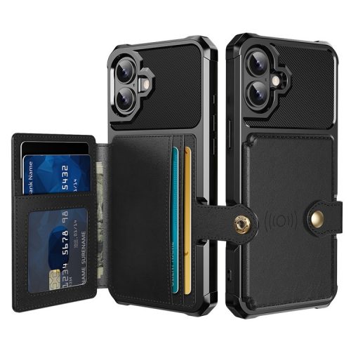 ZM03 For iPhone 16 Case with Card Holder PU Leather+TPU Phone Back Cover - Black