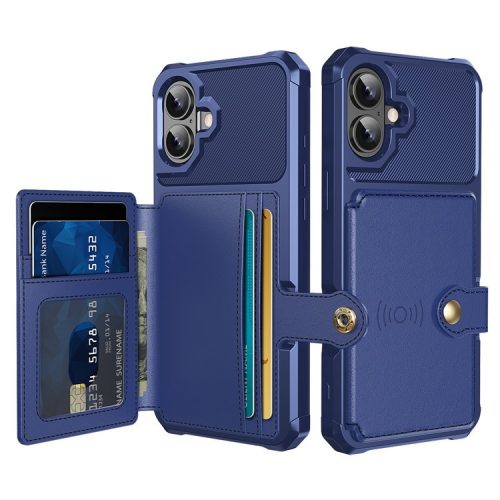 ZM03 For iPhone 16 Case with Card Holder PU Leather+TPU Phone Back Cover - Blue