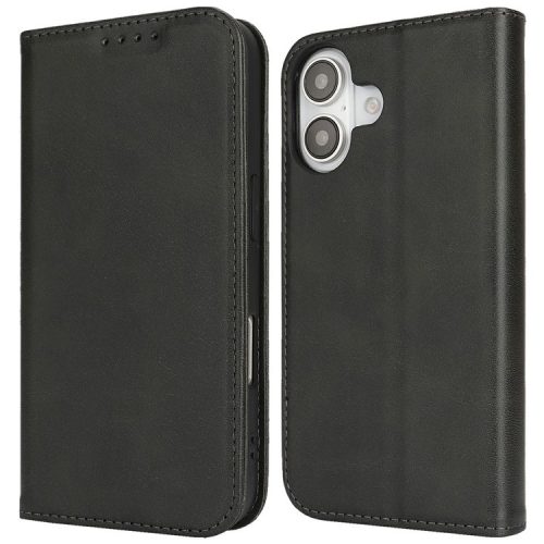 For iPhone 16 Case PU Leather Calf Textured Magnetic Closing Smart Phone Cover - Black