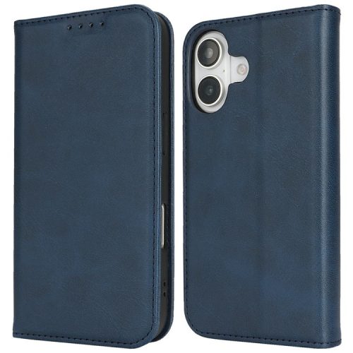 For iPhone 16 Case PU Leather Calf Textured Magnetic Closing Smart Phone Cover - Dark Blue