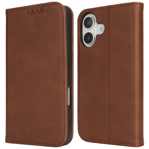 For iPhone 16 Case PU Leather Calf Textured Magnetic Closing Smart Phone Cover - Dark Brown