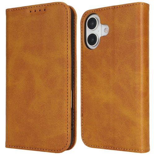 For iPhone 16 Case PU Leather Calf Textured Magnetic Closing Smart Phone Cover - Light Brown