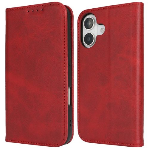 For iPhone 16 Case PU Leather Calf Textured Magnetic Closing Smart Phone Cover - Red