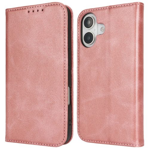 For iPhone 16 Case PU Leather Calf Textured Magnetic Closing Smart Phone Cover - Rose Gold