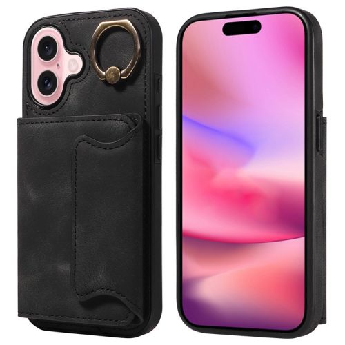 001 For iPhone 16 Case Secure-Grip Kickstand Leather + TPU Phone Cover - Black