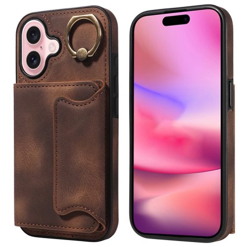 001 For iPhone 16 Case Secure-Grip Kickstand Leather + TPU Phone Cover - Brown