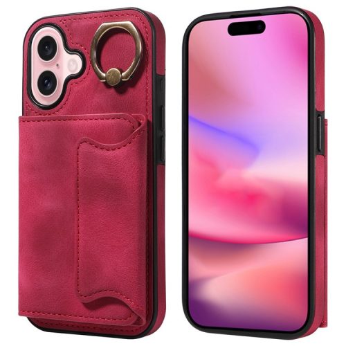 001 For iPhone 16 Case Secure-Grip Kickstand Leather + TPU Phone Cover - Red