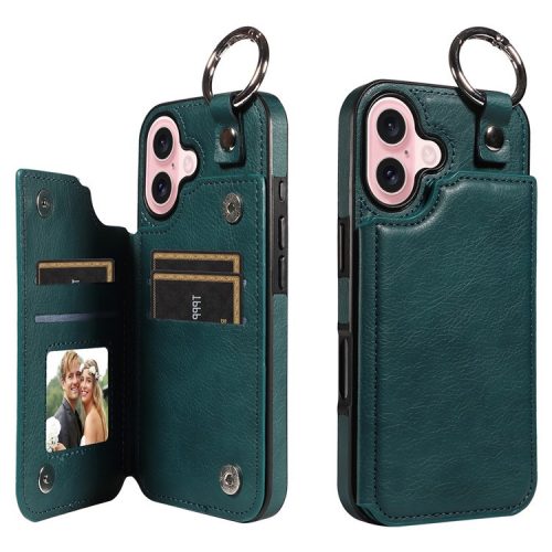 003 For iPhone 16 Case Card Slots Leather Phone Cover Double Magnetic Clasp, Ring Buckle - Blue