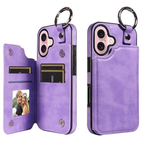 003 For iPhone 16 Case Card Slots Leather Phone Cover Double Magnetic Clasp, Ring Buckle - Light Purple