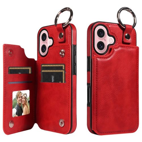 003 For iPhone 16 Case Card Slots Leather Phone Cover Double Magnetic Clasp, Ring Buckle - Red