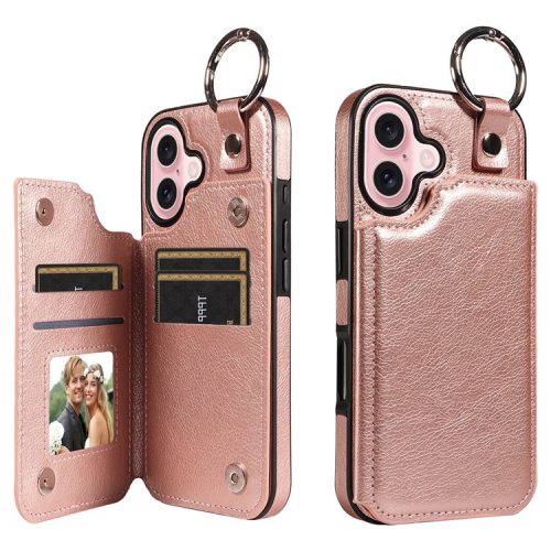 003 For iPhone 16 Case Card Slots Leather Phone Cover Double Magnetic Clasp, Ring Buckle - Rose Gold