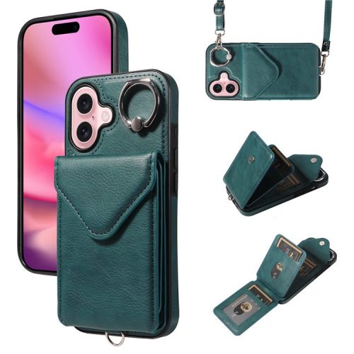 005 For iPhone 16 Case PU Leather Back Cover Card Holder Ring Kickstand - Green