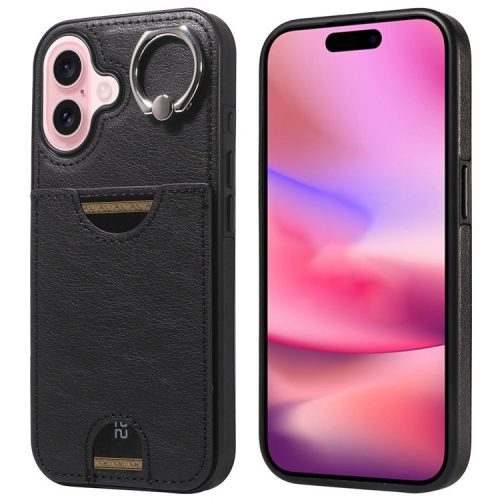 006 For iPhone 16 Case Anti-Drop Leather + TPU Phone Cover Card Slot Ring Kickstand - Black