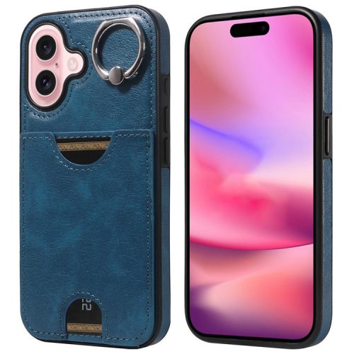 006 For iPhone 16 Case Anti-Drop Leather + TPU Phone Cover Card Slot Ring Kickstand - Blue