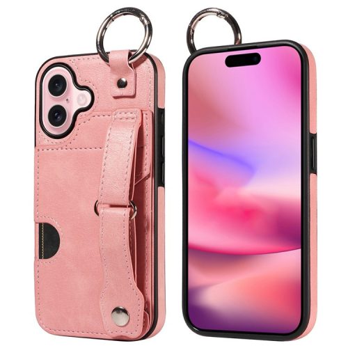 008 For iPhone 16 Case Wristband Kickstand PU Leather TPU Phone Cover - Pink