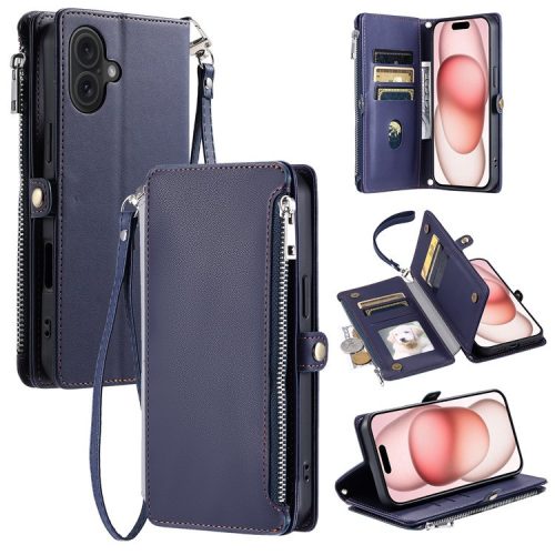 015 Style For iPhone 16 Case Anti-Scratch Card Slots Leather Phone Cover with Straps - Blue