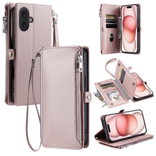 015 Style For iPhone 16 Case Anti-Scratch Card Slots Leather Phone Cover with Straps - Rose Gold