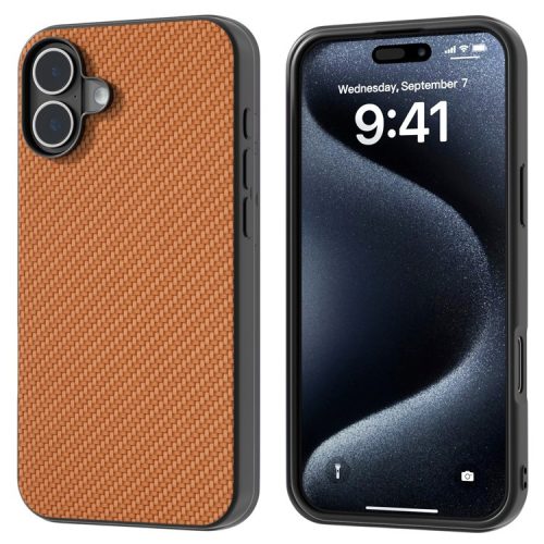 ABEEL For iPhone 16 Case Carbon Fiber Texture PU Covered Phone Shell - Light Brown