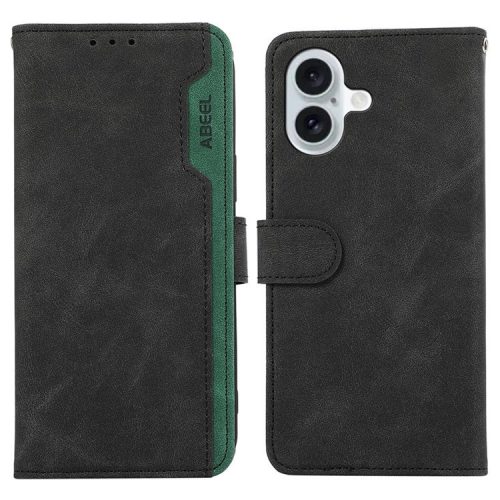 ABEEL For iPhone 16 Case Color Splicing Leather Flip Phone Cover RFID Blocking - Black