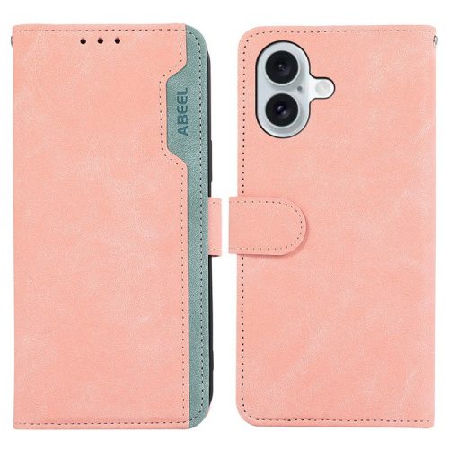 ABEEL For iPhone 16 Case Color Splicing Leather Flip Phone Cover RFID Blocking - Pink