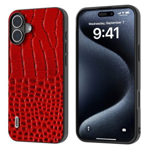 ABEEL For iPhone 16 Case Crocodile Texture Genuine Cow Leather Coated PC+TPU Phone Cover - Red